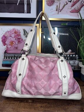 Vintage MCM Pink Monogram Boston Bag Y2K Bowler Satchel White Leather Trim
